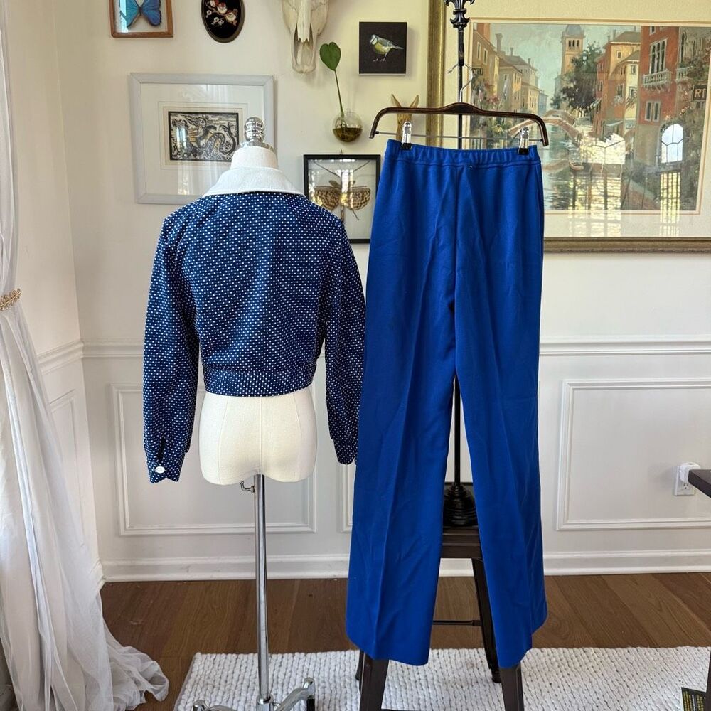 Vintage 70s 2pc Blue White Wide Leg High Rise Pants Crop Top S M 4 6 - Picture 2 of 16